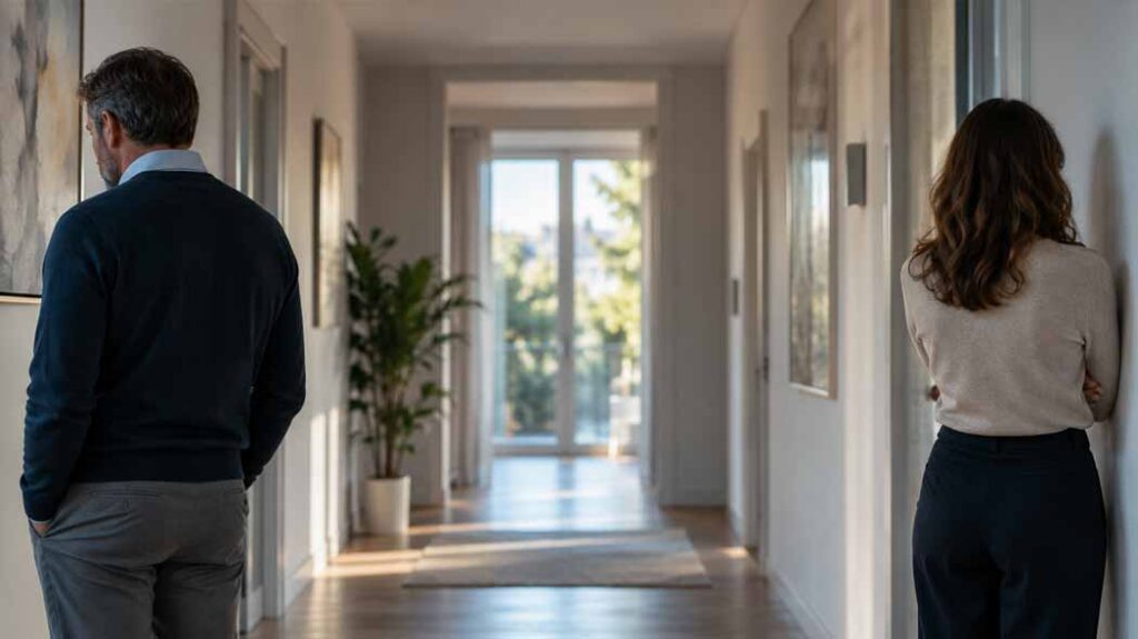 Un uomo e una donna di spalle, distanti in un corridoio luminoso
